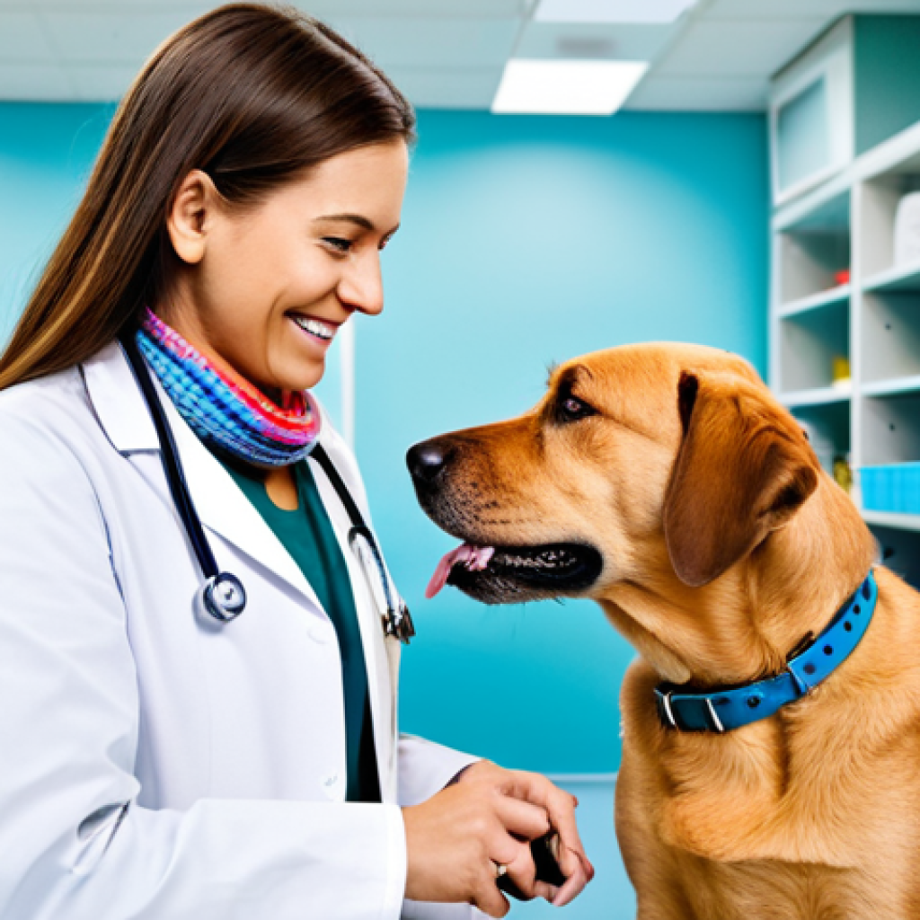 반려동물 보험 보장 항목 - **Prompt:** A veterinarian in a clean, modern clinic examining a happy, fully clothed dog. The dog i...