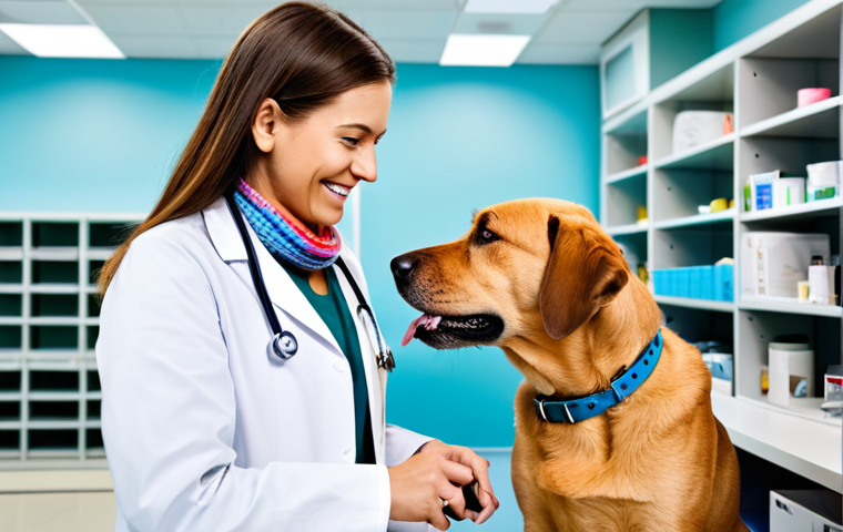 반려동물 보험 보장 항목 - **Prompt:** A veterinarian in a clean, modern clinic examining a happy, fully clothed dog. The dog i...
