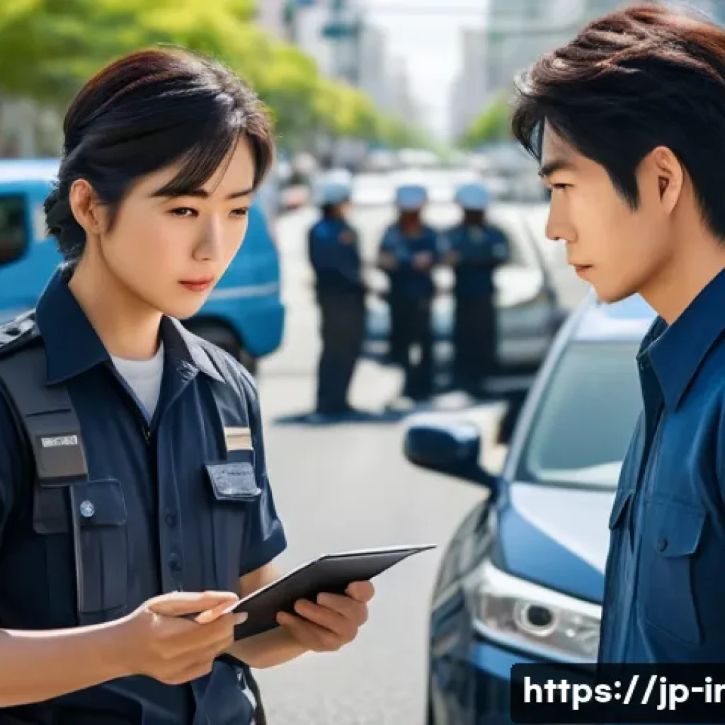교통사고 보험 처리 사례 - A calm and composed Japanese driver at a car accident scene, exchanging insurance and contact inform...