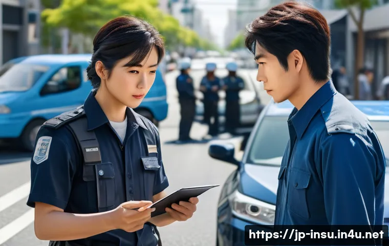 교통사고 보험 처리 사례 - A calm and composed Japanese driver at a car accident scene, exchanging insurance and contact inform...
