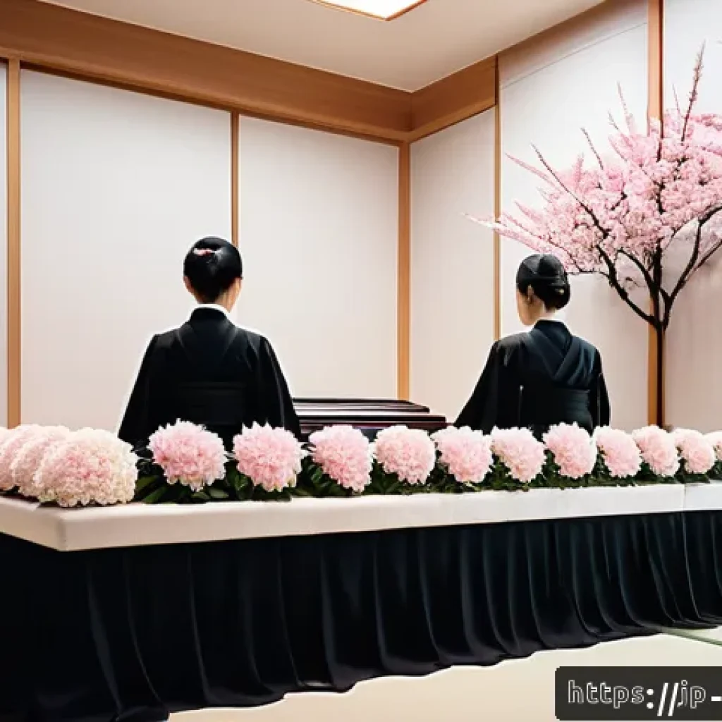 장례비용 대비 보험 - A serene and respectful Japanese funeral scene set in a modern urban funeral hall, featuring a beaut...