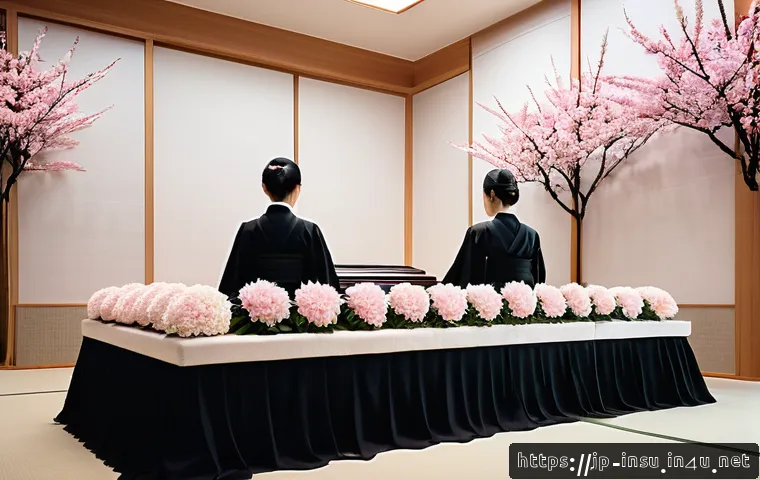 장례비용 대비 보험 - A serene and respectful Japanese funeral scene set in a modern urban funeral hall, featuring a beaut...