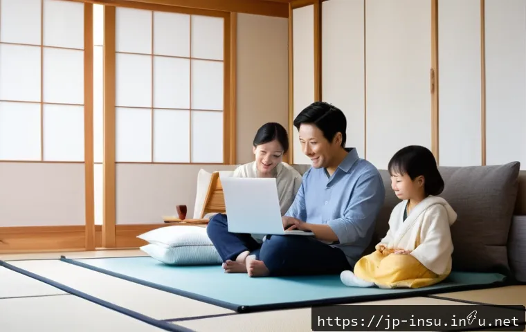 보험 피보험자와 계약자의 차이 - A modern Japanese family scene inside a cozy living room, featuring a father as the insurance policy...