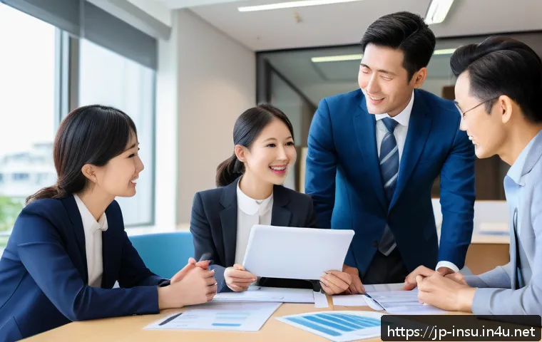 중소기업 단체보험 - A modern Japanese office setting with diverse employees of various ages and family backgrounds discu...