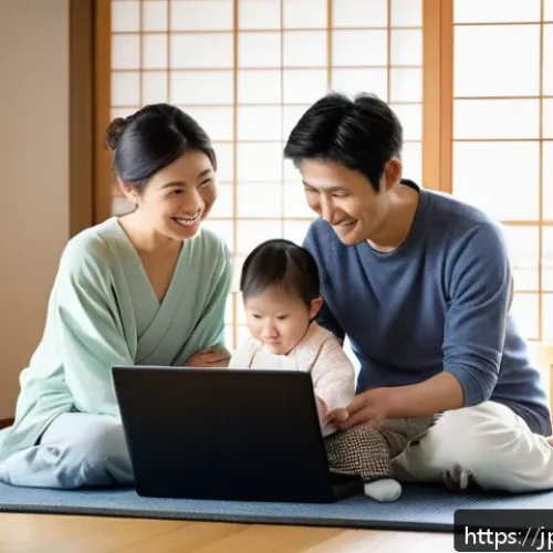 장기보험과 단기보험 비교 - A modern Japanese family scene in a cozy living room, featuring a young couple with a small child we...