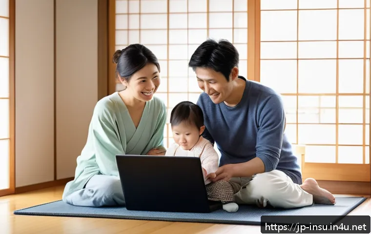 장기보험과 단기보험 비교 - A modern Japanese family scene in a cozy living room, featuring a young couple with a small child we...