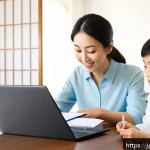 보험 리모델링 사례 - A modern Japanese family sitting around a table at home, reviewing insurance documents together with...