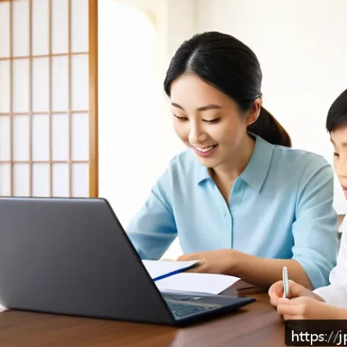보험 리모델링 사례 - A modern Japanese family sitting around a table at home, reviewing insurance documents together with...