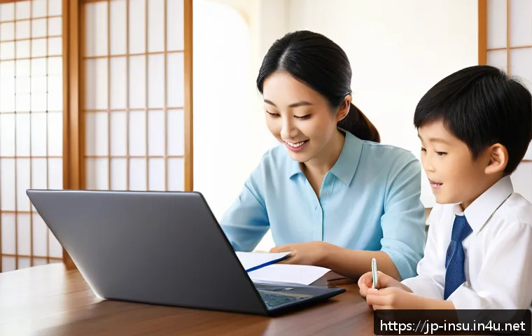 보험 리모델링 사례 - A modern Japanese family sitting around a table at home, reviewing insurance documents together with...