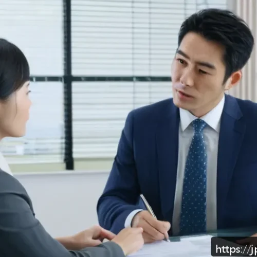 보험금 지급 지연 문제 해결 - A modern Japanese insurance office scene featuring a professional insurance agent carefully explaini...