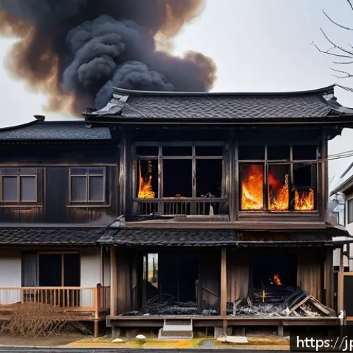 주택화재보험 필수 보장 - A modern Japanese residential neighborhood scene depicting a typical wooden house with visible fire ...