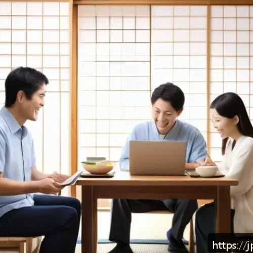 맞춤형 보험 상품 선택 - A modern Japanese family sitting together at a bright living room table, discussing insurance option...