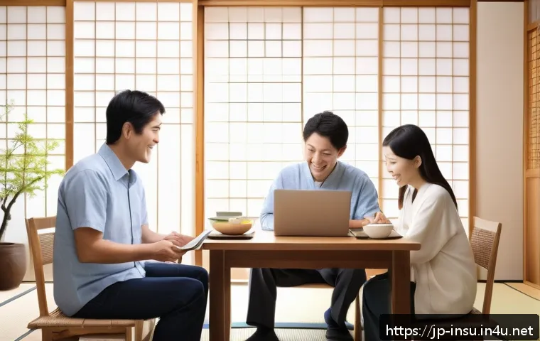 맞춤형 보험 상품 선택 - A modern Japanese family sitting together at a bright living room table, discussing insurance option...