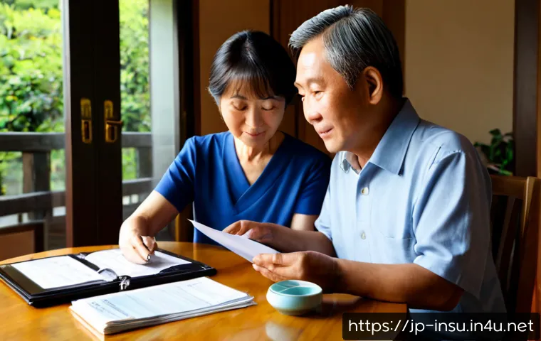 연금보험과 주택연금 비교 - Photorealistic Japanese retired couple in their late sixties reviewing retirement options at a tidy ...
